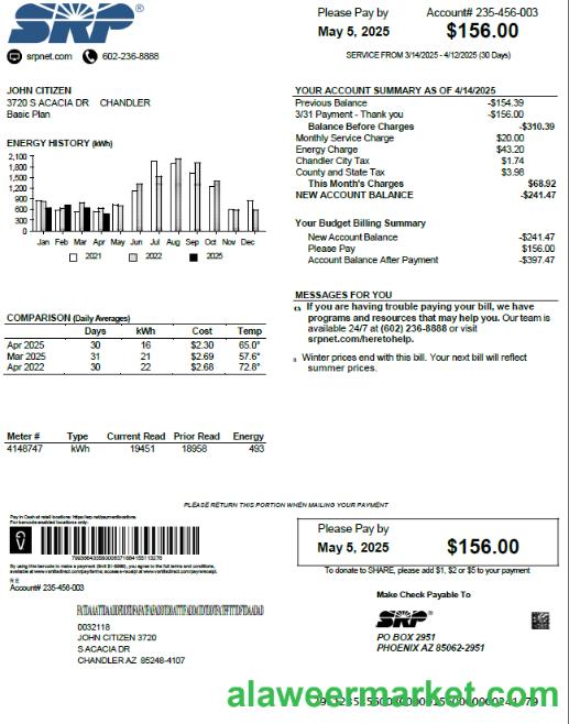 USA SRP utility bill template in Word and PDF formats